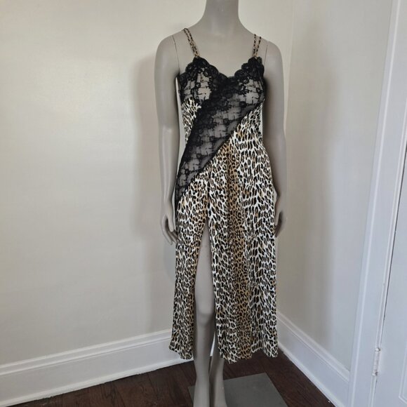 Frederick's Of Hollywood Size M Vintage Leopard Slip Dress Gown Sheer w/ Slit - Picture 3 of 16
